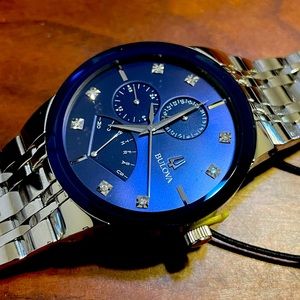 Bulova Mens Blue Dial Diamond Accent 40mm Stainless Steel Watch